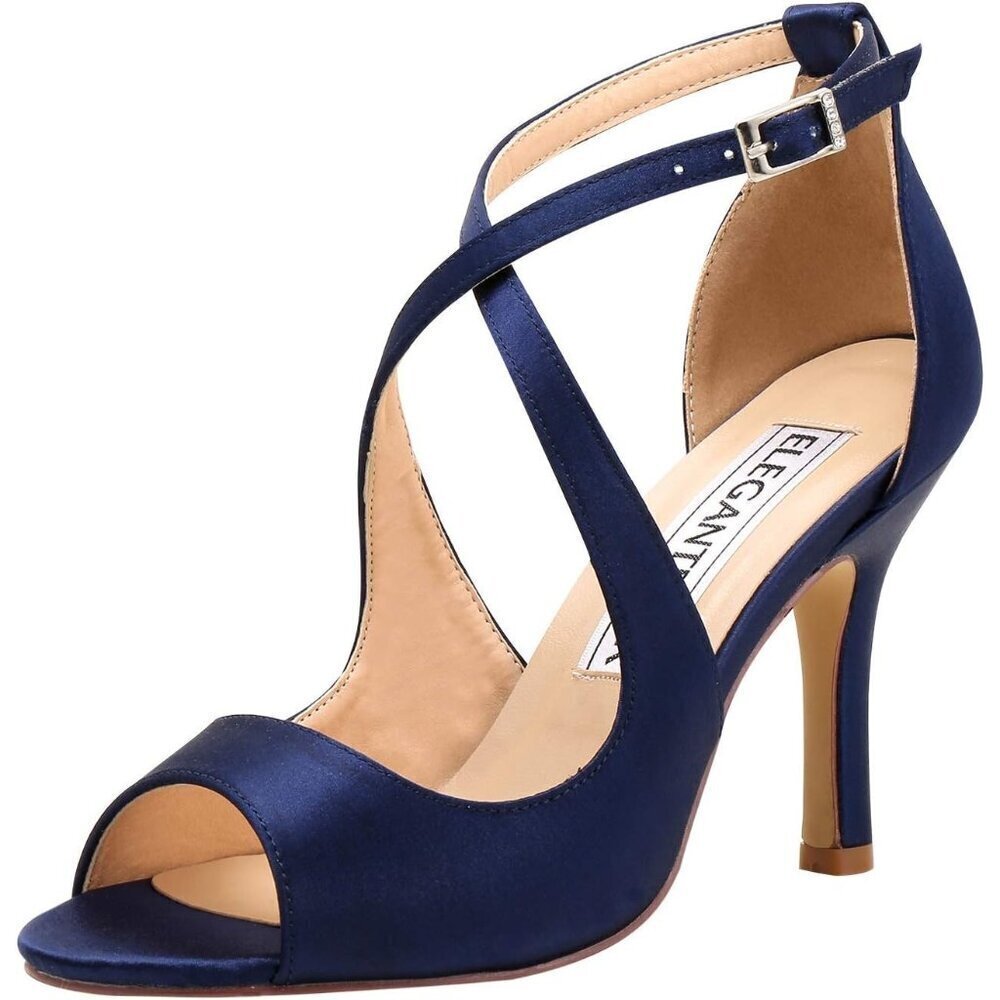 Elegantpark Women Blue Satin Cross Strappy Peep Toe High Heels Sandals Shoes